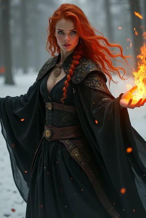  seductive redblonde female apprentice witch, Arms Wide Open, doing spell, winter, flames in brown eyes, black cloak, confident face,