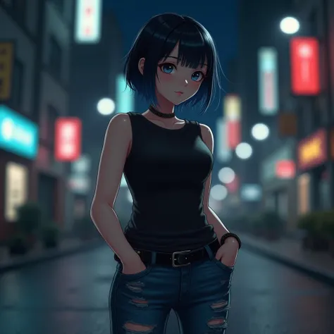 A girl (appearance:  Short black hair with dark blue gradient ,  Bangs ,  dark blue eyes,  very pale skin ,  medium breasts ,  sturdy body ) ( Clothing: Sleeveless quilted black top ,  distressed jeans,  black boots with heel ,  hair clip on the right side...