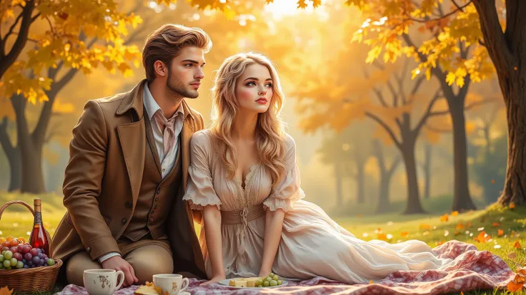  A charming couple in 19th century clothes is enjoying an autumn picnic in the park,  drenched in the golden sun .  A man in an elegant brown coat with a vest and a neckerchief ,  woman in a long pastel dress with lace ,  a light shawl .  They are sitting ...