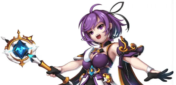 GC character, Grand Chase character, GC character face, GC detailed face, A vibrant, anime-style illustration of a young woman with short, stylized purple hair, wielding a golden staff with a large, glowing blue gem.  She wears a purple and white, detailed...