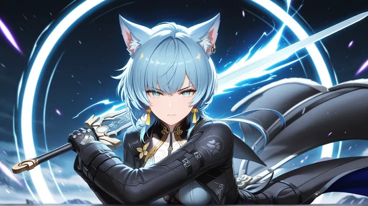 masterpiece, best quality, very aesthetic, 
1girl \(wuthering waves\), cat ears , blue hair, wolf cut hair ,  earrings,  cinematic,  aggressive at viewer  , hold sword , modern outfit with coat ,  ultimate attack at viewer , fight boss background