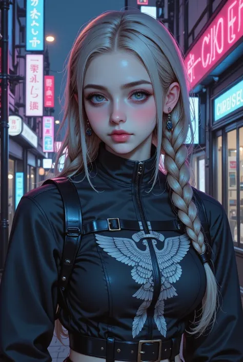 darkness,  neon lights, long shot:1.4,  Full body ,  Anatomically correct ,  hyper realistic :1.5, , 8K, photorealistic ,  cinematic lighting , hyper detailed, arte digital, beautiful cyberpunk girl ,  detailed face with large and expressive eyes ,  long e...