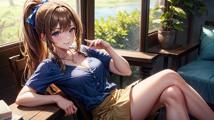 1girl, summer, trees, house, fantasy landscape, water, light brown hair, long hair, ponytail, large full breasts, dark blue eyes, ((blue shirt)), ((short sleeved shirt)), ((unbuttoned shirt)), ((unbuttoning shirt)), (cleavage), ((skirt)), smile, laugh, loo...