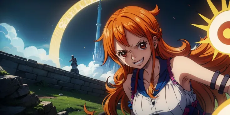 (最高masterpiece,  top quality, 4K, 8k,  high resolution,masterpiece:1.2), Nami in One Piece,smile,Mysterious Knight,Miracle,Power Spot,Fantastic world tree,Green Sun,Holy Sword,Holy Swordの斬撃,She's on an adventure to defeat the demon king,Mysterious Knightで剣...