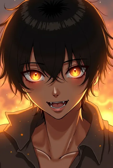 Make the pupils look vertically slit like cat's eyes. The eye color is golden like sunset that hidden beneath his bang. He have straight short black hair, fangs, wide sly smile, powerful and dangerous aura, wore casual clothes. He is a mountain deity that ...