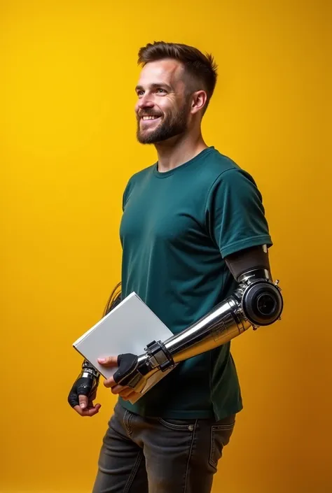 A person with a physical disability, with intelligent artificial limbs. The person looks confident and smiling, looking straight ahead rather than at the hidden camera that is filming him on his left side profile. The background of the picture is a brightl...