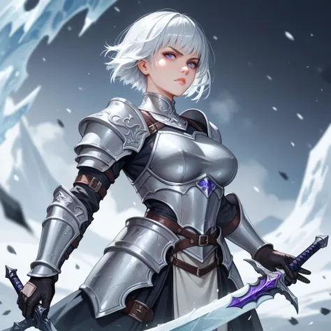 Make this anime-style character,  an adult woman with pale and cold skin ,  short blond hair and a lock of white hair .  heavy gray silver armor ,  holding a cursed sword with the color purple and runes.  the tone of the image is dark and cold ,  icy . cor...