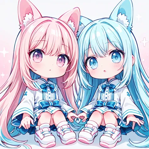  super high image quality、8k、16k、 Super Resolution、Ultra high detail、 Twin Sisters 、 long light blue hair 、 pink and white trainers、 pink eyes、aquamarine eyes、 Best Aesthetics 、Glowing Skin、 glitter effect、 simple background