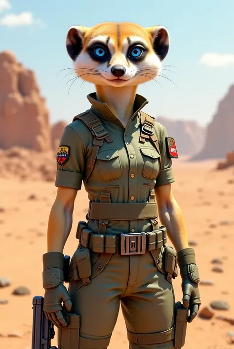 Furry art oc, meerkat, female, army clothing,meerkat furry,blue eyes 