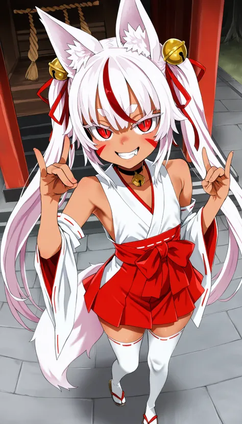 1girl, anime girls, asanagi style, mesugaki, dark skin, tan, red eye, slit pupils, ((white fox ear, white fox tails)), Wicked Smile, evil grin, fang,
very long twin tails, white Hair, thick eyebrows, red highlights hair, Hair ribbon bell, bell choker, bimb...