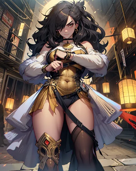 A captivating scene of a steampunk rebellion, set on the cobblestone streets of an industrial city bathed in the golden glow of gaslight. At the center of the image stands The Shadow Duchess, an enigmatic figure cloaked in both elegance and rebellion. Her ...