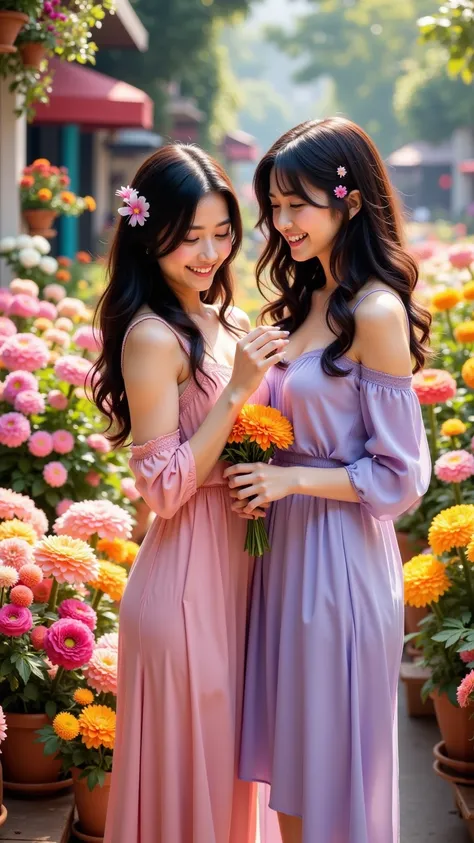 prompt: |
  Two charming women, both in **soft pastel dresses**, are standing in a vibrant flower shop, surrounded by an array of colorful flowers in full bloom. The shop is bathed in natural light pouring in from large windows, casting a warm, inviting gl...