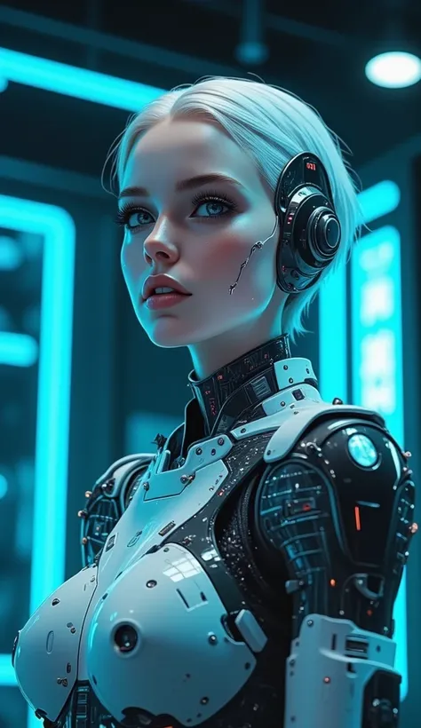 A young, pleasant, light skin cyborg girl, open face, open forehead, with a white short haircut, hair combed back, stands straight and looks to right at the camera, hands on the light sides, 4k high-quality photographs, super realistic, correct and pure fa...