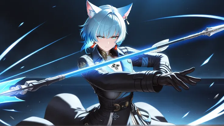 masterpiece, best quality, very aesthetic,  
 \(wuthering waves\), cat ears , blue hair, wolf cut hair ,  earrings,  cinematic,  aggressive at boss, hold spear, modern outfit with coat ,  ultimate attack at boss , boss fight 