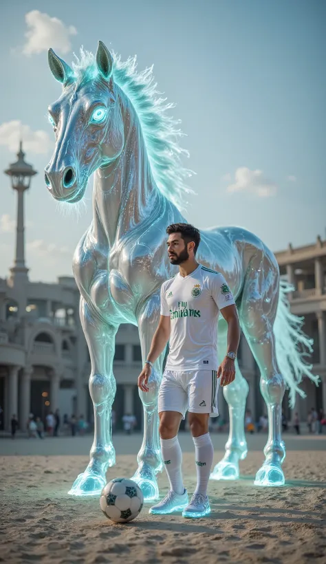 Saudi Arabia (Salem Al-Dawsari)
"Salem Al-Dawsari dribbles a football in his white Saudi Arabia jersey, alongside a colossal humanoid Arabian horse with glowing emerald eyes and fiery silver flames. The King Fahd International Stadium forms a majestic back...