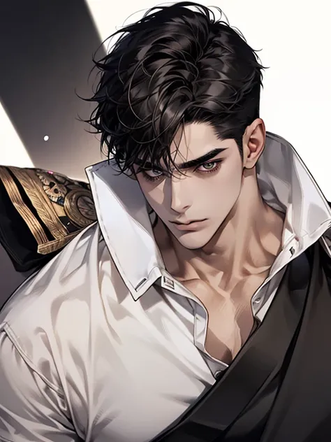  ultra detailed ,Haig Quality,OUTLINE,1masculino,macho maduro, pretty face,( short black hair),handsome men,pearl skin ,White short sleeve shirt,droopy eyes, Japanese high school , dynamic angle , Japanese anime , full body, face forward 