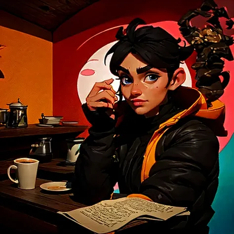 The character is in a coffee shop in Rome