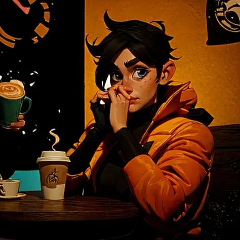 The character is in a coffee shop in Rome