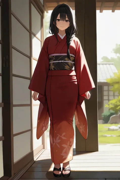 semi-realistic anime style, full body,  Japanese girl, delicate features, long black hair in a braid, dark almond-shaped eyes, a subtle hint of sadness, simple kimono, standing, hands resting at her sides, soft lighting, detailed eyes, country side house, ...