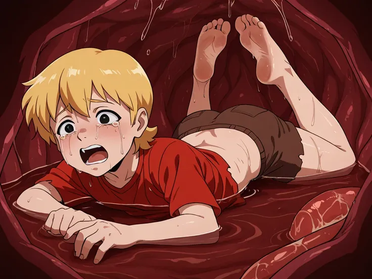 1boy, solo, (cody, blonde hair, black eyes, red shirt, shorts, boots), obra maestra, mejor calidad, obra maestra, mejor calidad, alta resolución, 8k, InternalVore, inside stomach, tight space, vore, deep red water, stomach acid, gastric acids, wet, (wet sk...