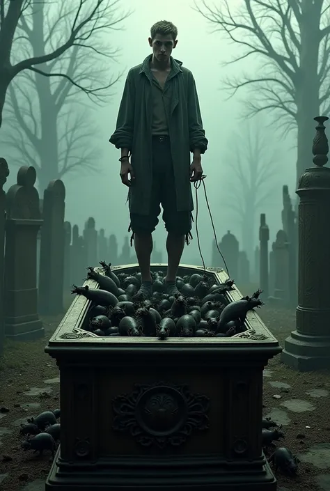 A man in a cemetery atop a coffin full of rats
