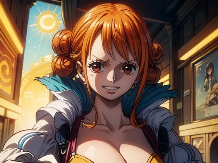 (最高masterpiece,  top quality, 4K, 8k,  high resolution,masterpiece:1.2), Nami in One Piece,smile,Mysterious Knight,Miracle,Power Spot,Fantastic world tree,Green Sun,Holy Sword,Holy Swordの斬撃,She's on an adventure to defeat the demon king,Mysterious Knightで剣...