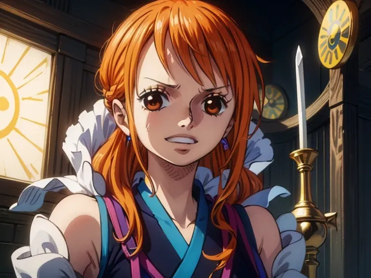 (最高masterpiece,  top quality, 4K, 8k,  high resolution,masterpiece:1.2), Nami in One Piece,smile,Mysterious Knight,Miracle,Power Spot,Fantastic world tree,Green Sun,Holy Sword,Holy Swordの斬撃,She's on an adventure to defeat the demon king,Mysterious Knightで剣...