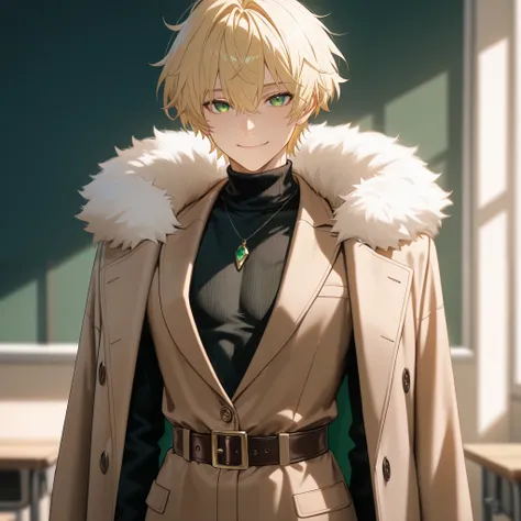 masterpiece. best quality. handsome, 1 male, solo. broad shoulders, thin waist, masculine physique. vibrant green eyes. blonde, messy hair, short hair. gentle, elegant smile. brown blazer tapered to body, coat belt, fur collar, black turtleneck, simple nec...