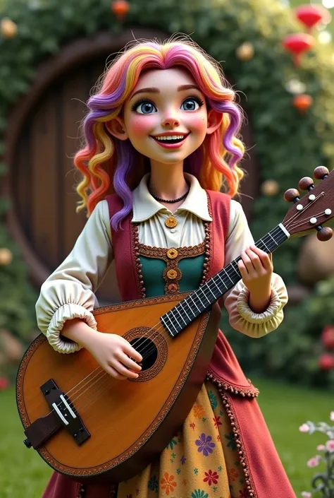 female hobbit in her thirties with colorful hair and eccentric Victorian clothing singing and playing a lute with a cheerful attitude