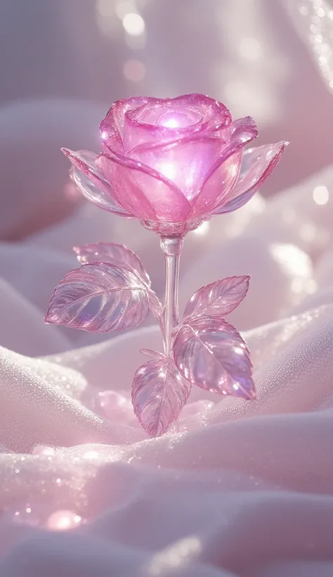 rose-shaped gemstone、 Transparent、  pink、Light Sparkling レース布、Stem( Transparent)、leaf( Transparent)