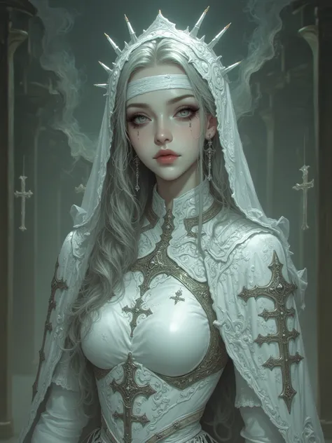 The pale skinned Asimar , Wavy gray hair,  armor in shades of white and silver accessories,  are covered with a bandage and a transparent veil ,  eyes attached to the head  