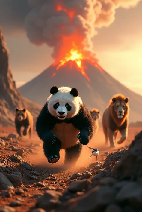 A panda is running with a bird behind it, a bear and behind it is a camel and wild animals while they are running from the volcano