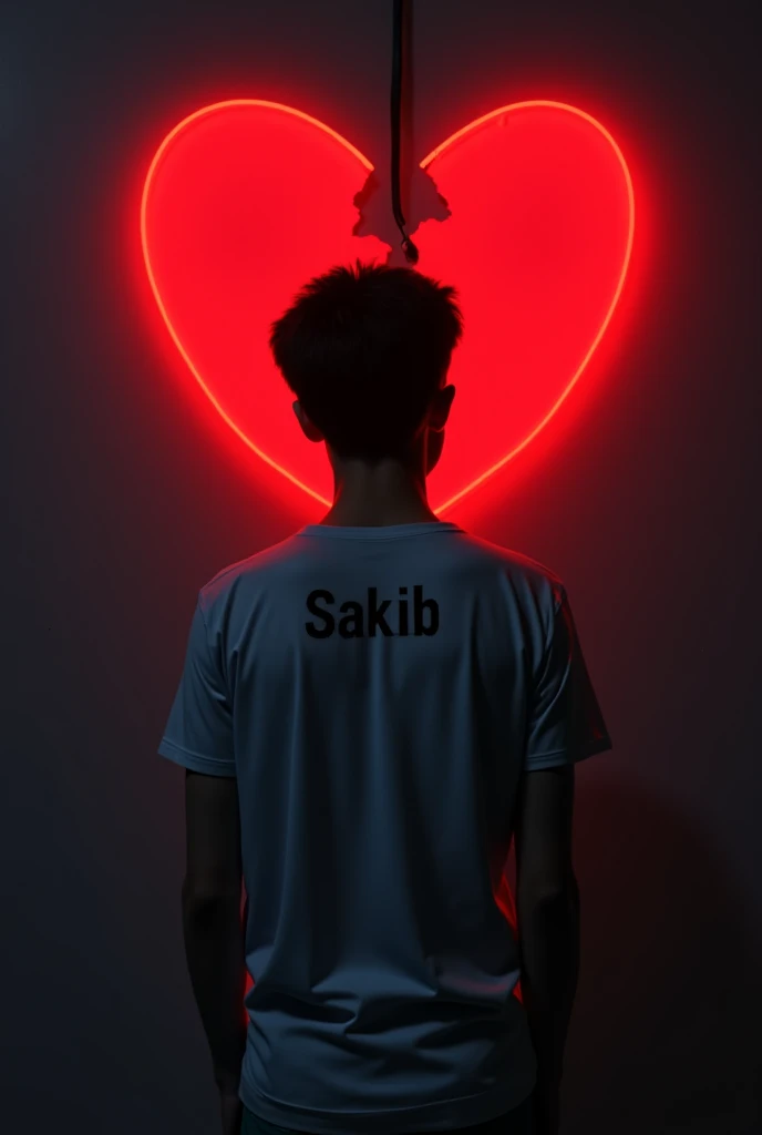 Create a image of realistic 18 for years old boy where a sad boy with "SAKIB" name written on the back of his t-shirt and a broken red neon heart in the background dark grey wall 32