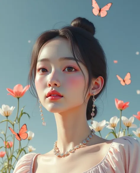   close-up of a woman standing in a flower field,  beautiful digital art work,  Beautiful Digital Paintings , By Yang J,  digital art beautiful ,  beautiful digital art , Chinese girl,  beautiful asian girl ,  red flower atmosphere ,Clouds in orange sky , ...