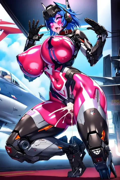 nsfw, 1girl, solo, milf, mature woman, cyborg, purple eyes, robot eyes, mullet hair, mechanical hair, blue hair, ((((airplane, F-15E strike-eagle, robot girl, mechanical arms and mechanical legs, robot body, robot face, lewd costume, shiny color bodypaint)...