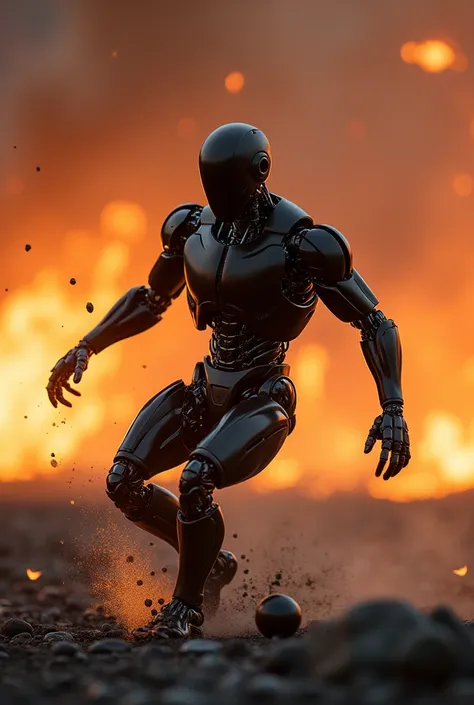 Photo of an all-black robot playing ball on the field of fire 