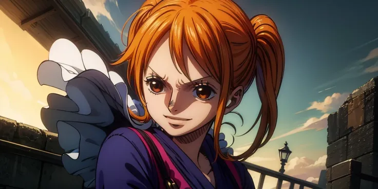 (最高masterpiece,  top quality, 4K, 8k,  high resolution,masterpiece:1.2), Nami in One Piece,smile,Mysterious Knight,Miracle,Power Spot,Fantastic world tree,Green Sun,Holy Sword,Holy Swordの斬撃,She's on an adventure to defeat the demon king,Mysterious Knightで剣...