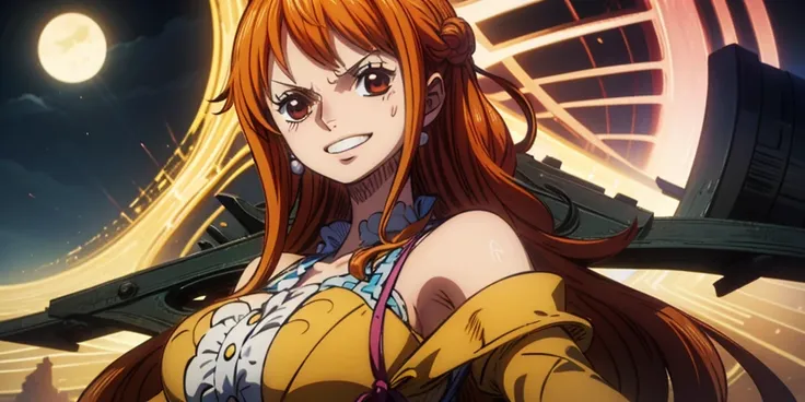 (最高masterpiece,  top quality, 4K, 8k,  high resolution,masterpiece:1.2), Nami in One Piece,smile,Mysterious Knight,Miracle,Power Spot,Fantastic world tree,Green Sun,Holy Sword,Holy Swordの斬撃,She's on an adventure to defeat the demon king,Mysterious Knightで剣...