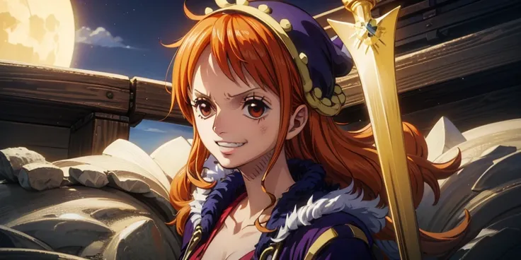 (最高masterpiece,  top quality, 4K, 8k,  high resolution,masterpiece:1.2), Nami in One Piece,smile,Mysterious Knight,Miracle,Power Spot,Fantastic world tree,Green Sun,Holy Sword,Holy Swordの斬撃,She's on an adventure to defeat the demon king,Mysterious Knightで剣...