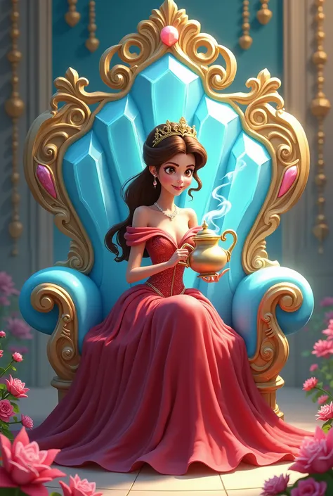 An animated princess wearing red dress and serving tee from a pot for herself and sitting on the chair made up of shine and rich light blue diamond