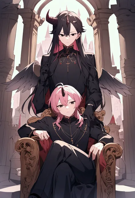 A guy sitting on a throne, have a pair of wings attached behind him, have a single horn on the side of his head, inside of a castle background, sitting while crossing legs, have black and pinkish hair, two pair of black eyes, wearing all black outfits