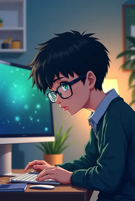 Make an anime-style image of a boy,  with short hair , green eyes with lenses sitting at your computer