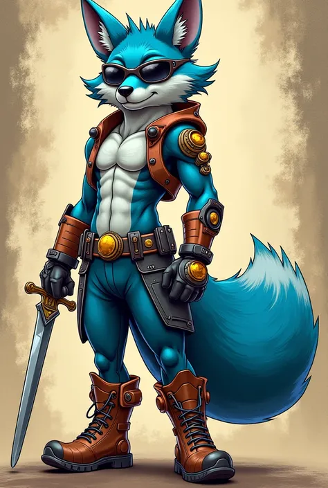 A steampunk fox blue fursona with boots with sunglasses vector, graphic novel, grunge Holding the ronin