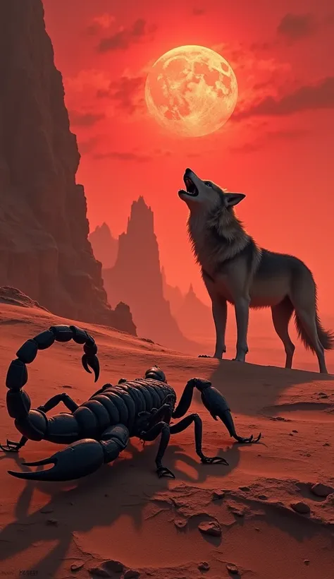 A wolf howls at the edge of a desert dune while a scorpion lurks nearby on a cracked, arid surface. The ominous red sky enhances the tension between the creatures.