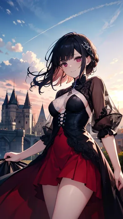  burgundy dress. embarrassment, full length, erotic position, black hair fluttering in the wind, gothic castle, gothic dress, lace, silver, clouds, anime style, beautiful girl, anime hyperrealism, Artstation.Chinese. alabaster skin, punk outfit, questionab...