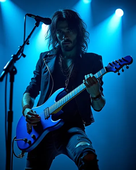 Rocker with blue guitar "in American plan" WITH BACKGROUND MICROPHONE WITH BLUE LIGHTS and the color blue reflects on the rocker