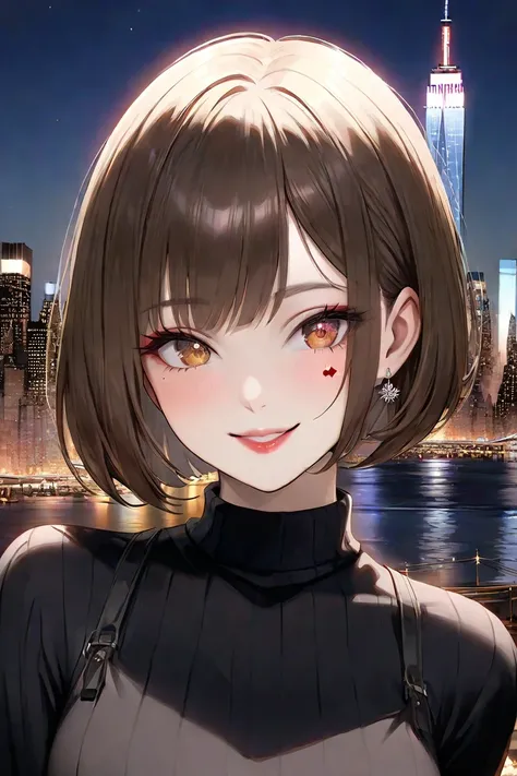 ((( face close-up )))、((( brown, Shoulder length,  straight short bob taken by someone)))、((( I can see the New York skyline in her background、 pose like a model at a beauty salon 。.)))、(((Casual black long sleeve winter clothing)))、 Japanese woman、  18 ye...