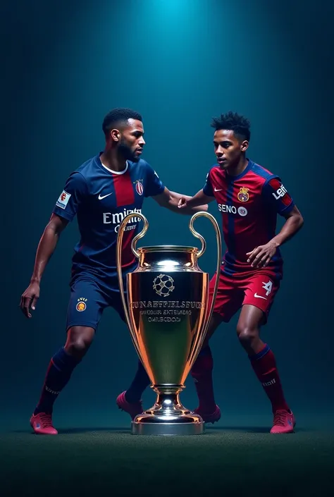  high quality, 8K ultra HD,  image of the players Mbappe and Vinicius Jr.,   dark blue background, Visualize the Champions League Cup