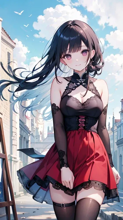  burgundy dress. embarrassment, full length, erotic position, black hair fluttering in the wind, gothic castle, gothic dress, lace, silver, clouds, anime style, beautiful girl, anime hyperrealism, Artstation.Chinese. alabaster skin, punk outfit, questionab...