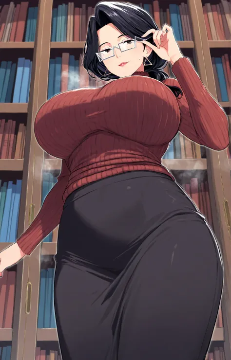 ,, score_9, score_8_superior, score_7_superior,,one person,  solo, mature woman( , big breasts, wavy black hair, rib sweater, long skirt, triangle glasses,), library, steam,,,,  cowboy shot, 